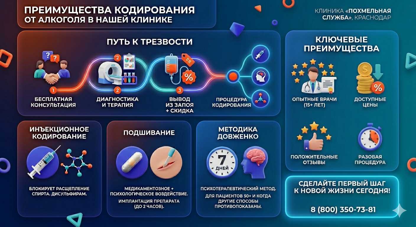 Инфографика о методах кодирования от алкоголя в Красном-на-Волге: инъекции, подшивание, метод Довженко. Преимущества клиники и этапы лечения.