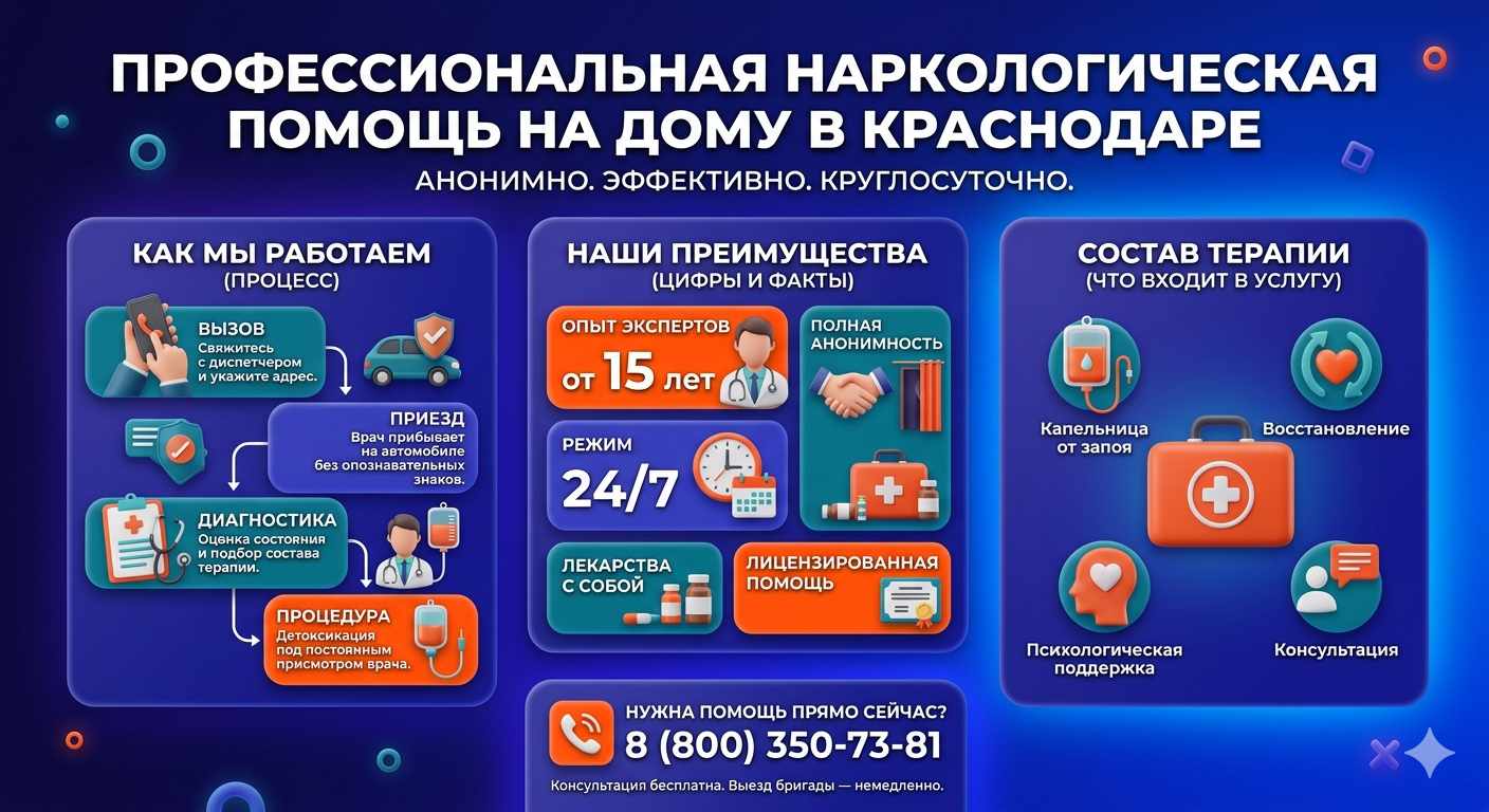 Инфографика о принципах лечения алкоголизма на дому в Красном-на-Волге: этапы вызова нарколога, преимущества анонимной детоксикации и состав медицинской помощи.